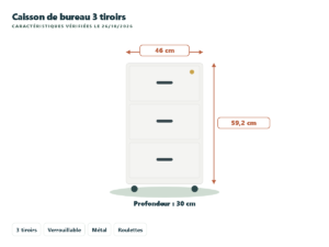 SONGMICS caisson de bureau métallique 3 tiroirs verrouillable