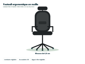 Ticova fauteuil de bureau ergonomique en maille avec accoudoirs 3D