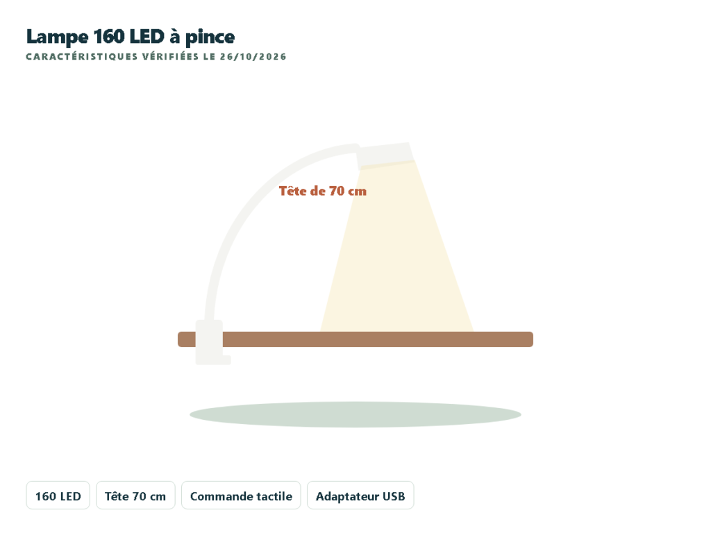 iFalarila lampe de bureau 160 LED avec pince et tête de 70 cm